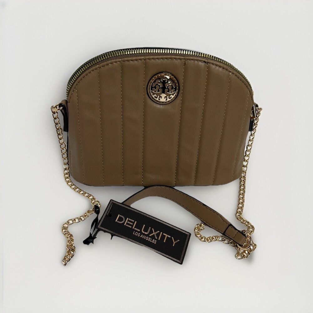 Women’s Purse Crossbody Deluxity Vegan Bee Beige Gold Color Logo NWT